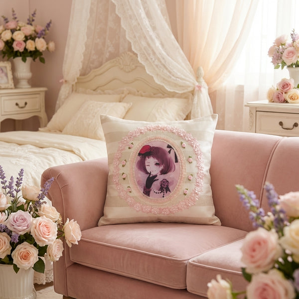 Mehrify Floral Portrait Printed Kaddar Cushion Cover – Off-White Decorative Pillow (16×16)