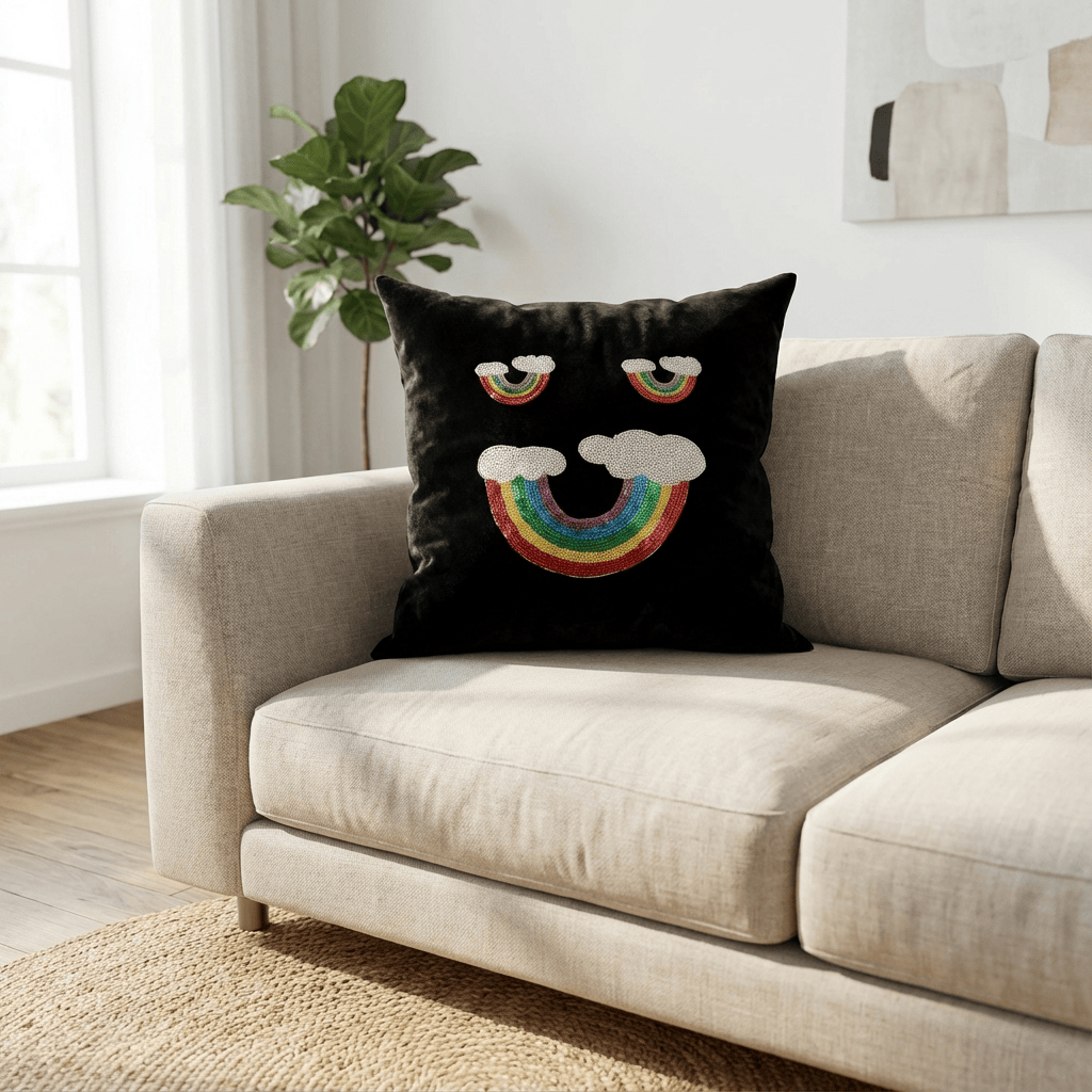 Mehrify Rainbow Smile Velvet Cushion Cover – 16×16 Inch | Playful Home Décor