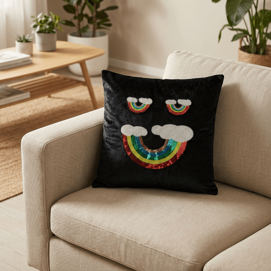 Mehrify Rainbow Smile Velvet Cushion Cover – 16×16 Inch | Playful Home Décor