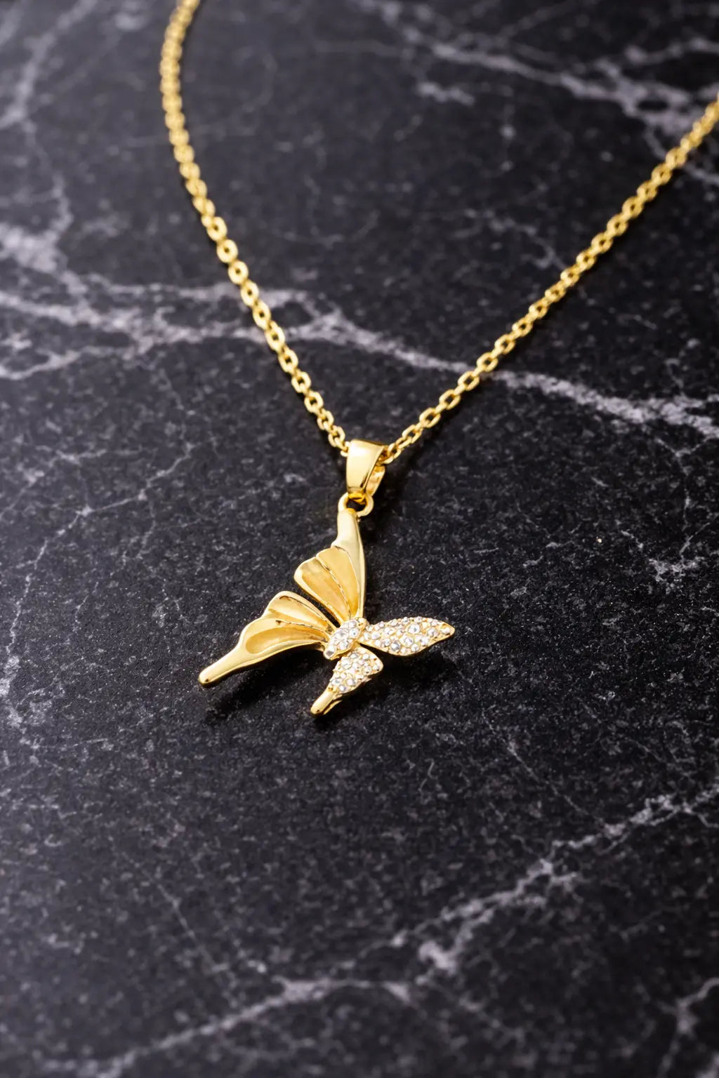 Mehrify Golden Butterfly Pendant Necklace – Elegant Gold-Tone Crystal Jewelry for Women