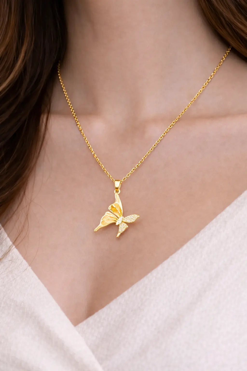 Mehrify Golden Butterfly Pendant Necklace – Elegant Gold-Tone Crystal Jewelry for Women