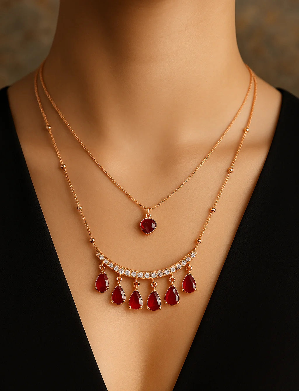 Mehrify Signature Ruby Drop Layered Necklace – Gold-Tone Elegant Jewelry
