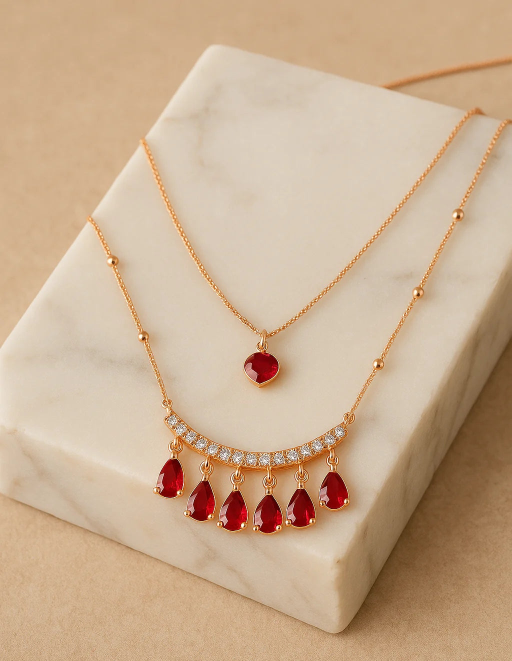 Mehrify Signature Ruby Drop Layered Necklace – Gold-Tone Elegant Jewelry