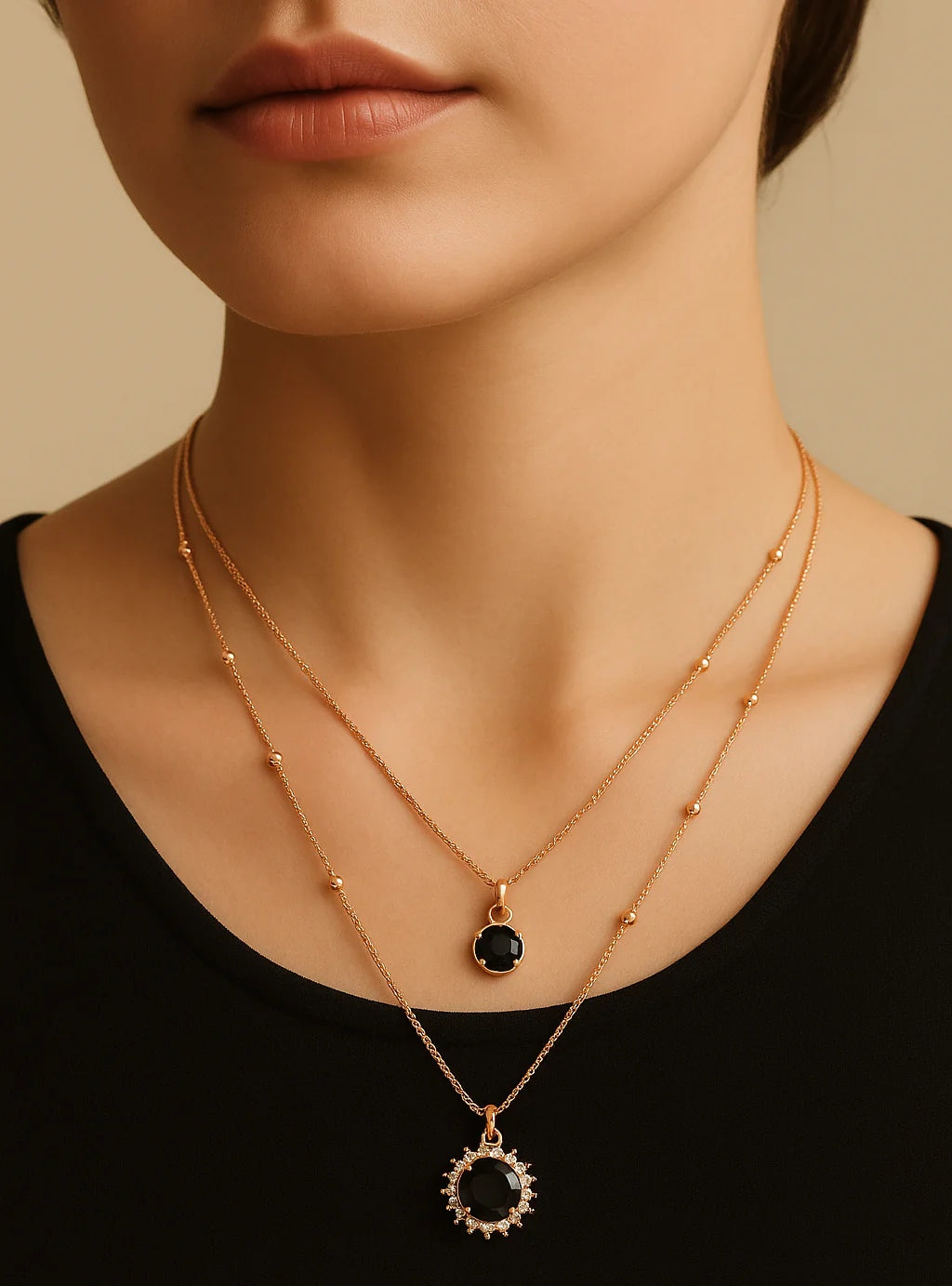 Mehrify Signature Black Onyx Layered Necklace – Gold-Tone Elegant Jewelry