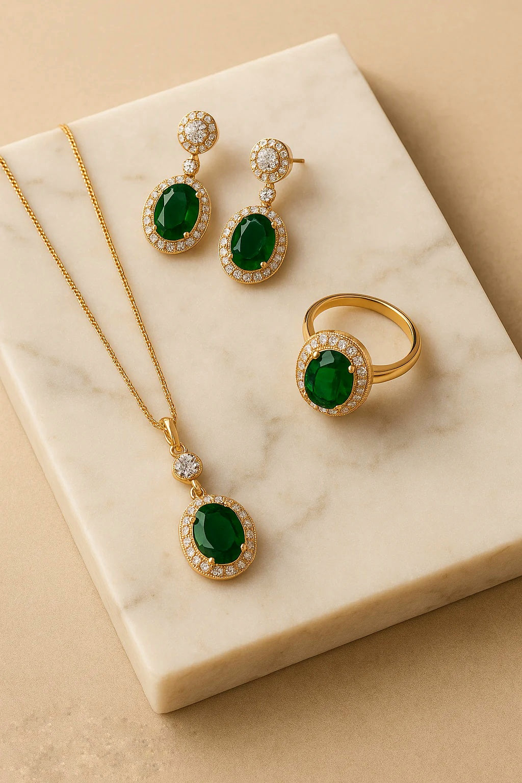 Mehrify Signature Green Crystal Jewelry Set – Necklace, Earrings & Ring