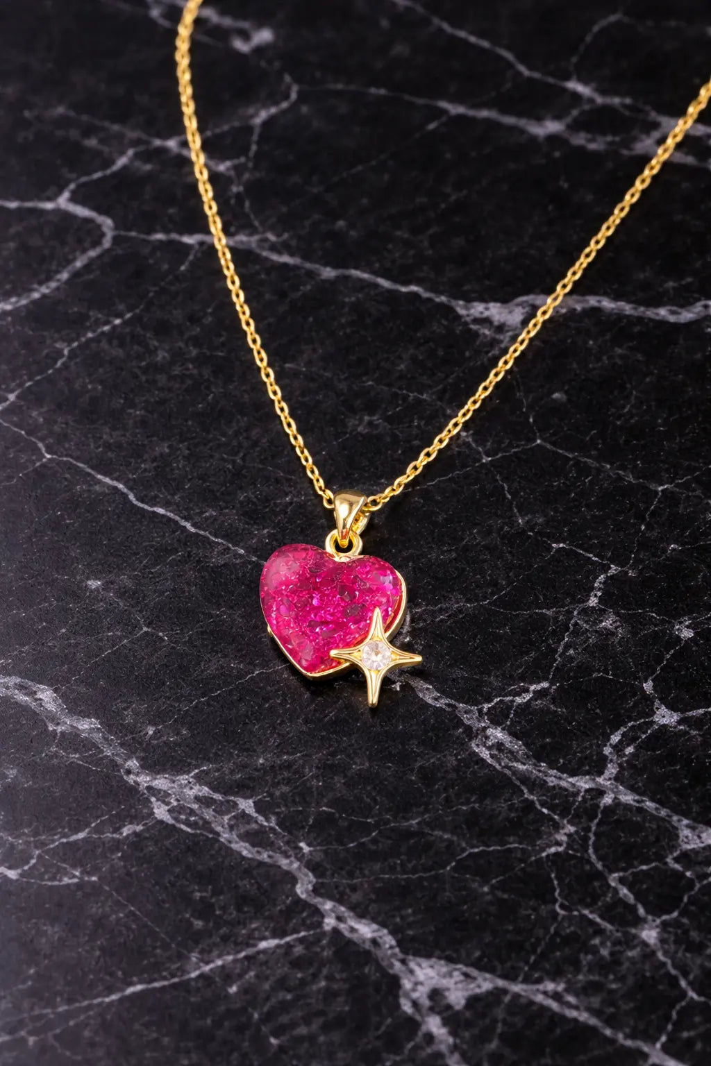 Mehrify Red Crystal Heart Pendant Necklace with Star Charm – Gold-Tone Elegant Jewelry for Women