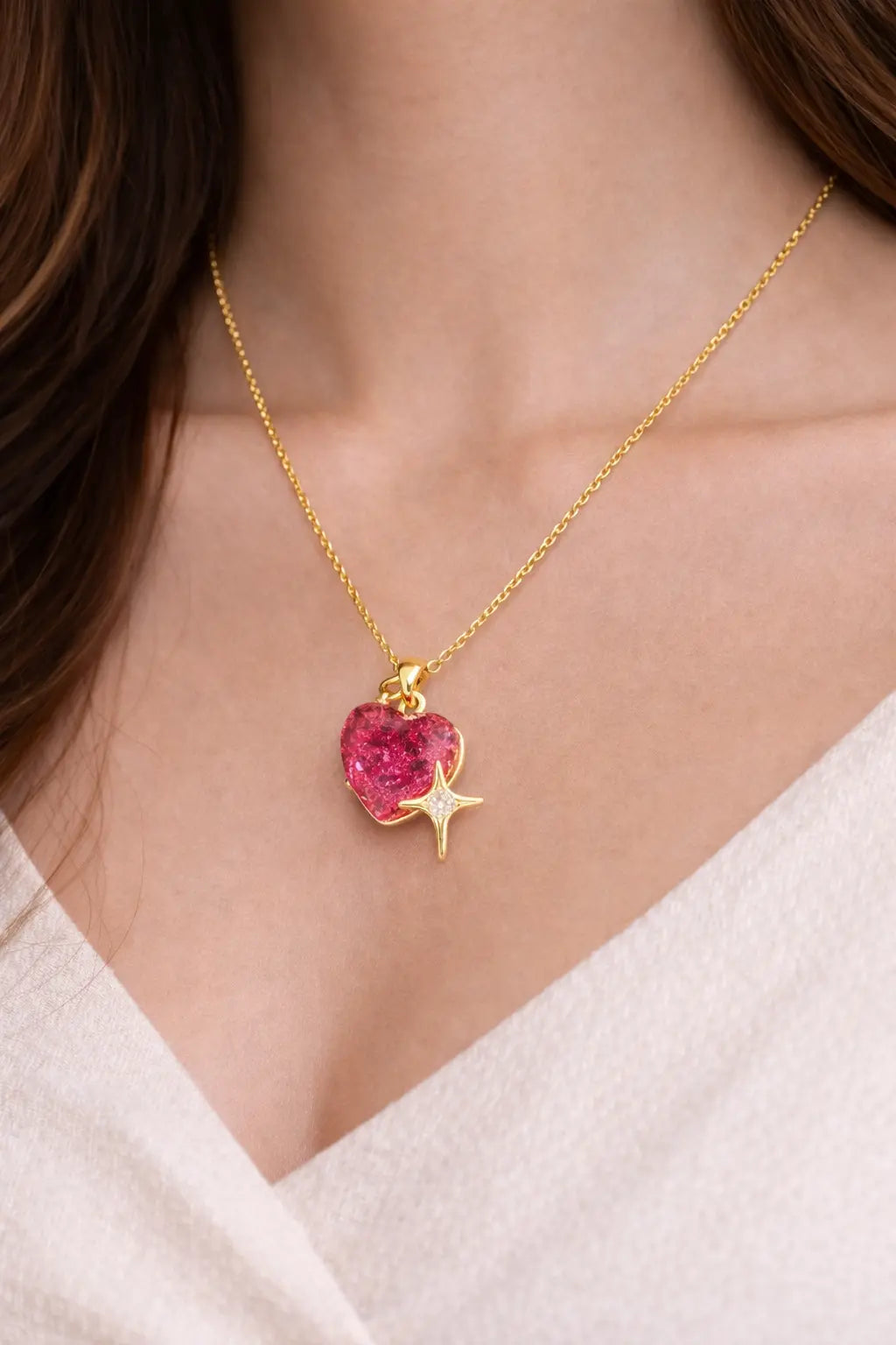 Mehrify Red Crystal Heart Pendant Necklace with Star Charm – Gold-Tone Elegant Jewelry for Women