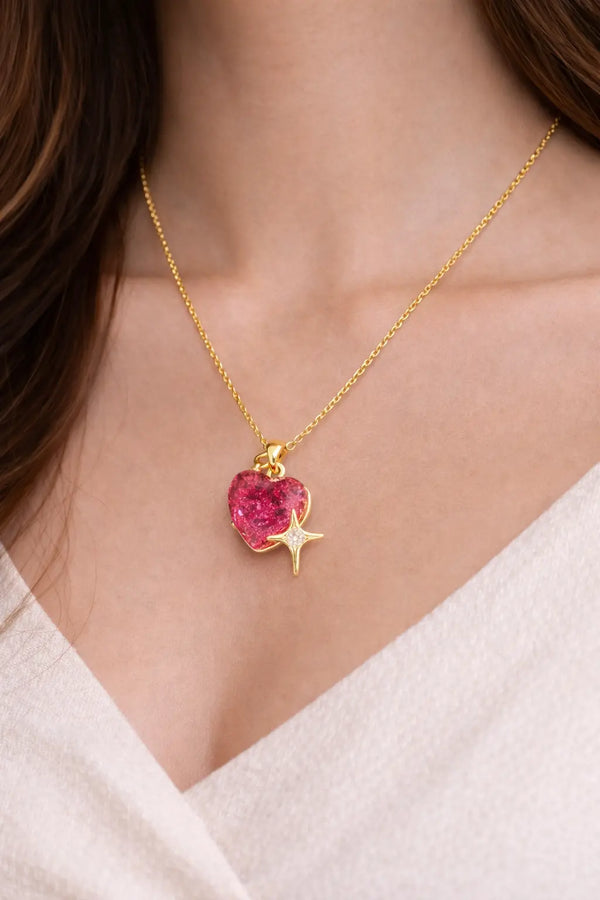 Mehrify Red Crystal Heart Pendant Necklace with Star Charm – Gold-Tone Elegant Jewelry for Women