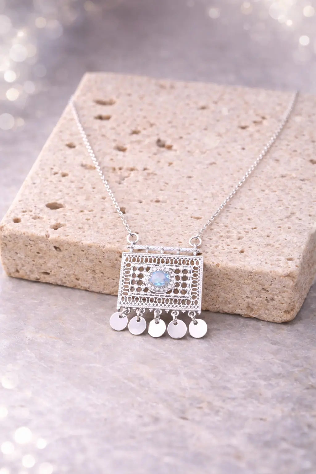 Mehrify Silver Filigree Square Pendant Necklace – Crystal Accent Elegant Jewelry for Women