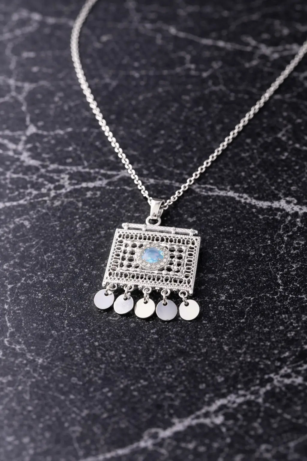 Mehrify Silver Filigree Square Pendant Necklace – Crystal Accent Elegant Jewelry for Women