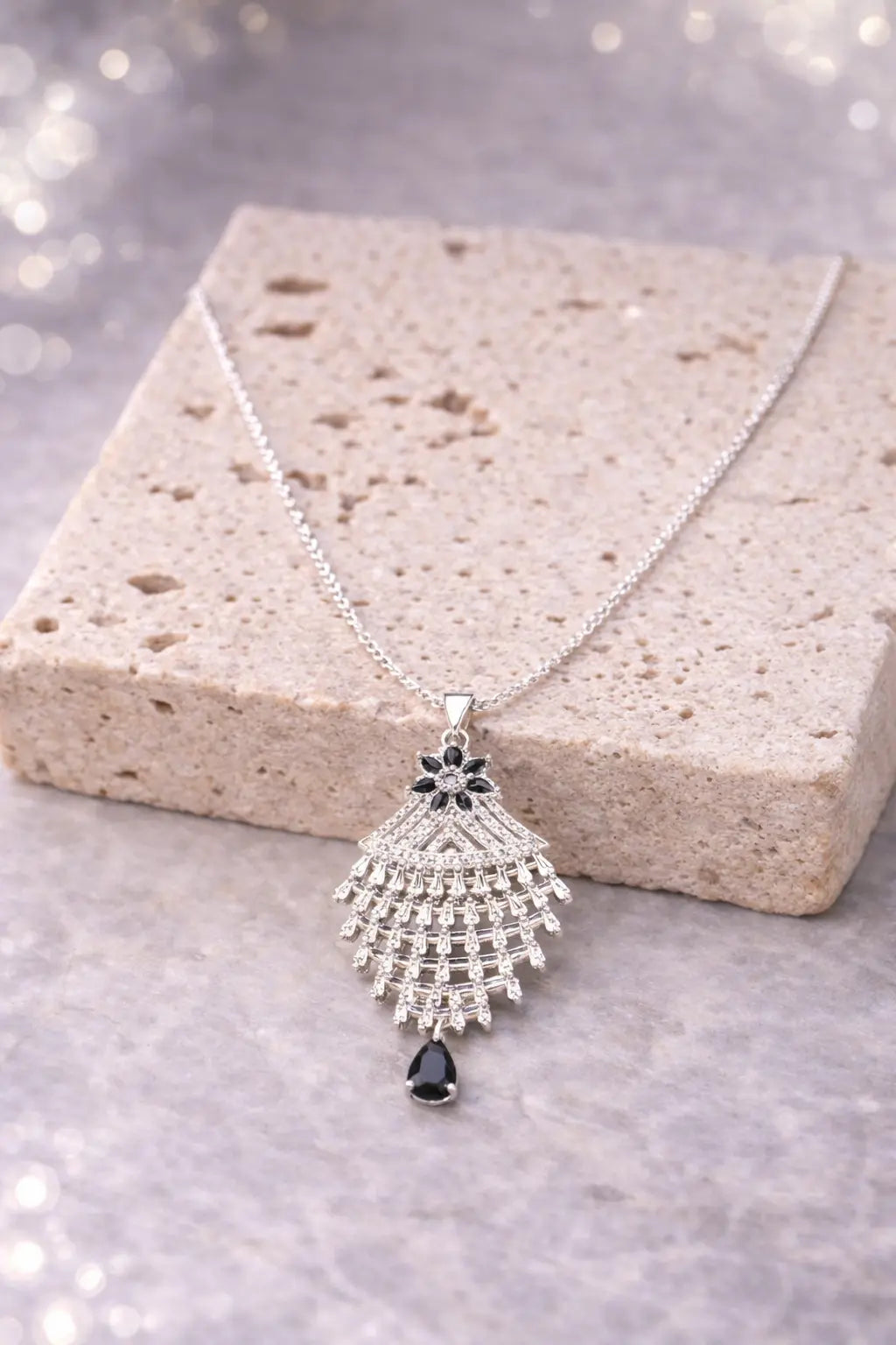 Mehrify Silver Cascade Crystal Pendant Necklace – Elegant Drop Design Jewelry for Women
