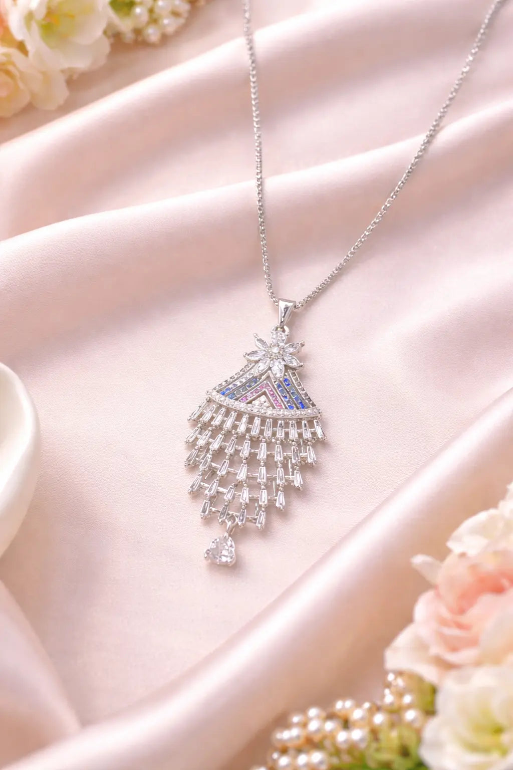 Mehrify Silver Cascade Crystal Pendant Necklace – Elegant Drop Design Jewelry for Women