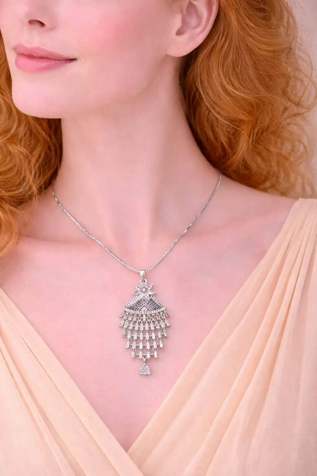 Mehrify Silver Cascade Crystal Pendant Necklace – Elegant Drop Design Jewelry for Women