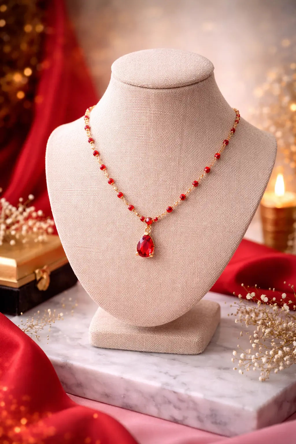 Mehrify Red Crystal Beaded Pendant Necklace – Gold-Tone Elegant Jewelry for Women