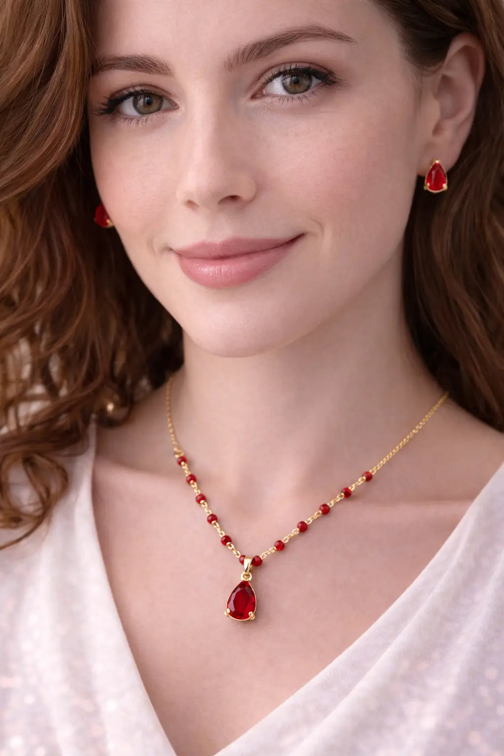 Mehrify Red Crystal Beaded Pendant Necklace – Gold-Tone Elegant Jewelry for Women