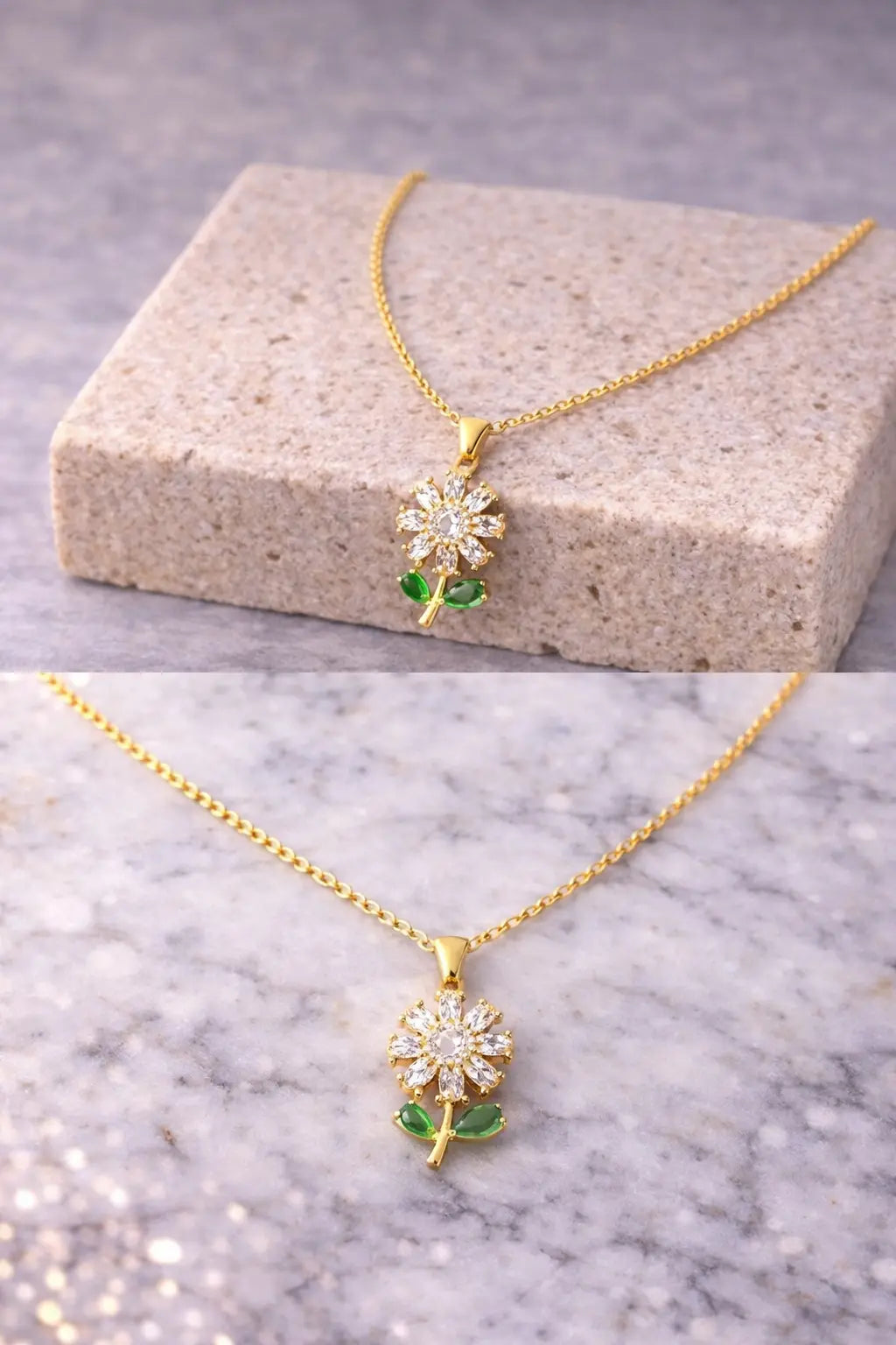 Mehrify Floral Crystal Pendant Necklace with Green Leaf Detail – Gold-Tone Elegant Jewelry for Women