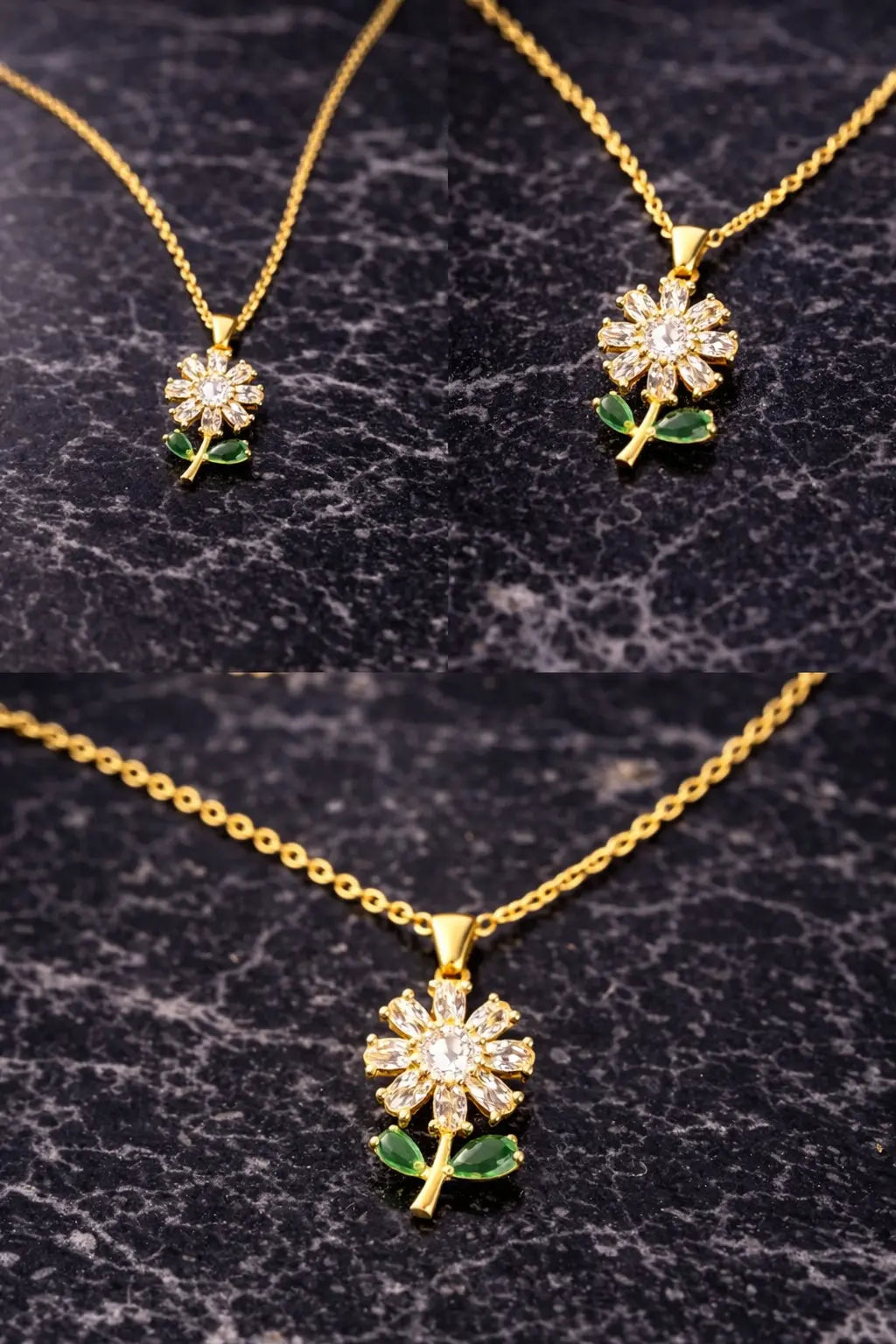 Mehrify Floral Crystal Pendant Necklace with Green Leaf Detail – Gold-Tone Elegant Jewelry for Women