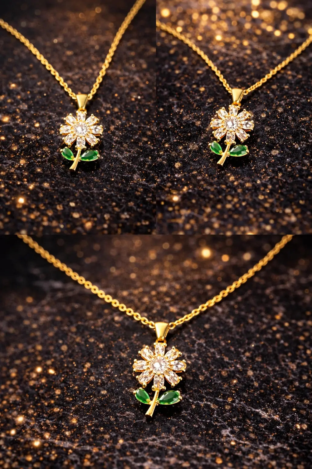 Mehrify Floral Crystal Pendant Necklace with Green Leaf Detail – Gold-Tone Elegant Jewelry for Women