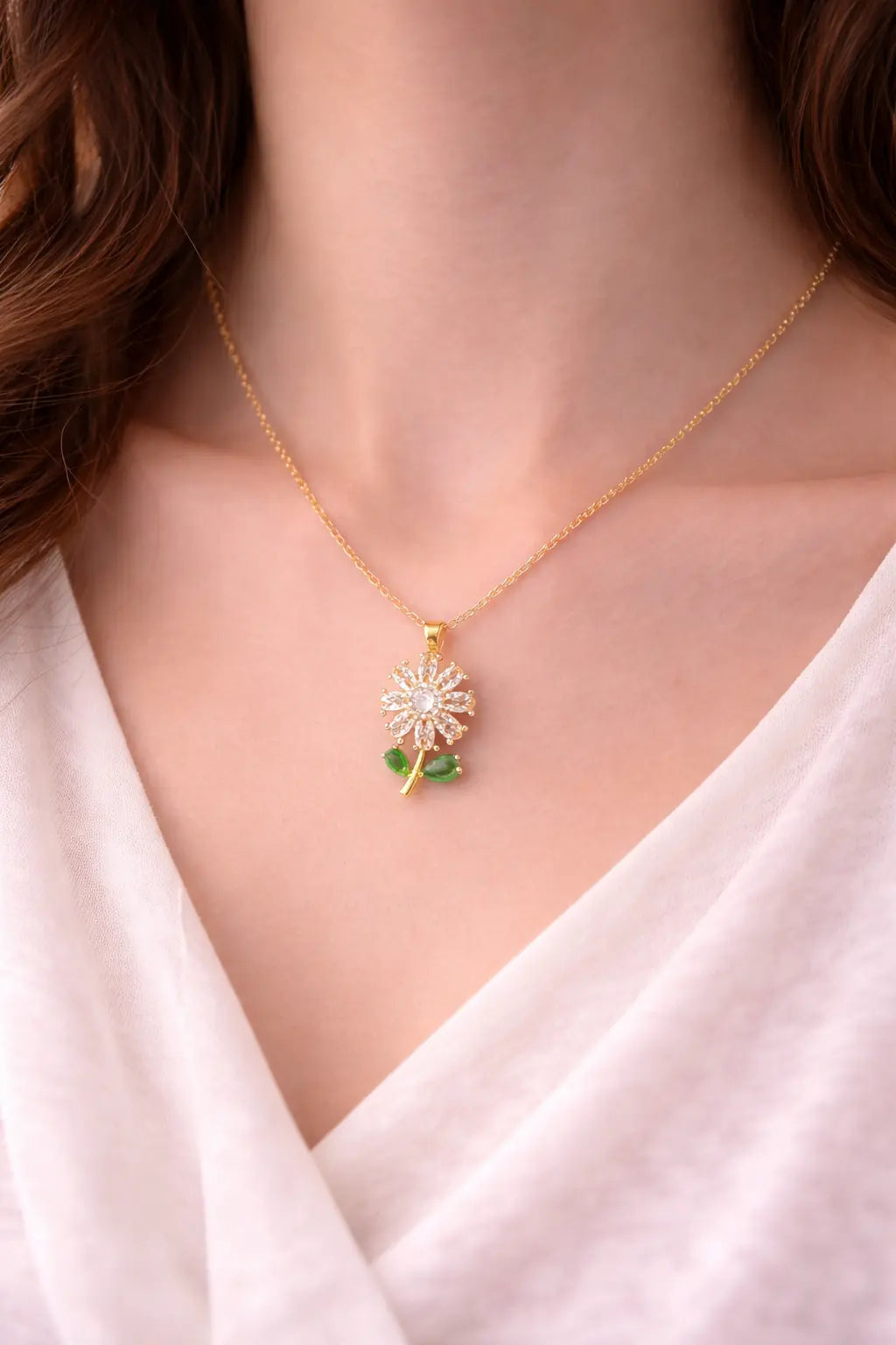 Mehrify Floral Crystal Pendant Necklace with Green Leaf Detail – Gold-Tone Elegant Jewelry for Women