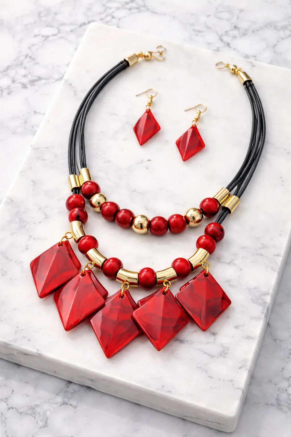 Mehrify Geometric Statement Beaded Necklace Set – Bold Blue & Red Designer Jewelry for Women