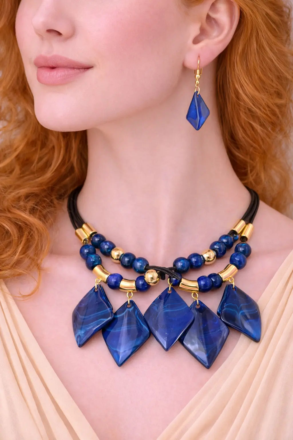Mehrify Geometric Statement Beaded Necklace Set – Bold Blue & Red Designer Jewelry for Women