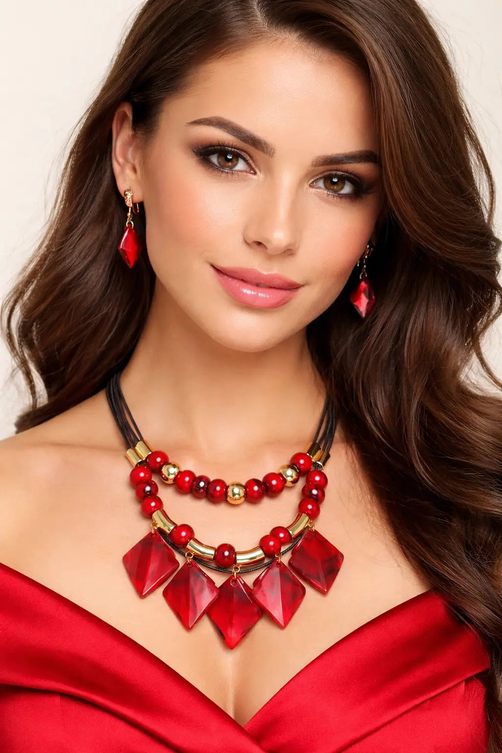 Mehrify Geometric Statement Beaded Necklace Set – Bold Blue & Red Designer Jewelry for Women