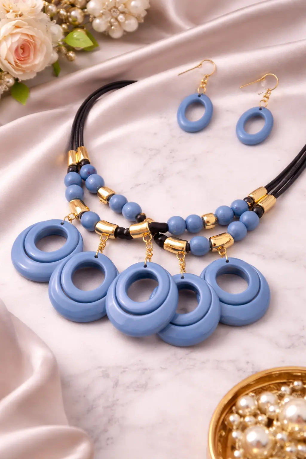 Mehrify Blue Circular Statement Necklace Set – Modern Beaded Designer Jewelry for Women