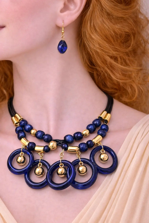 Mehrify Navy Blue Ring Drop Statement Necklace Set – Gold Accent Designer Jewelry for Women
