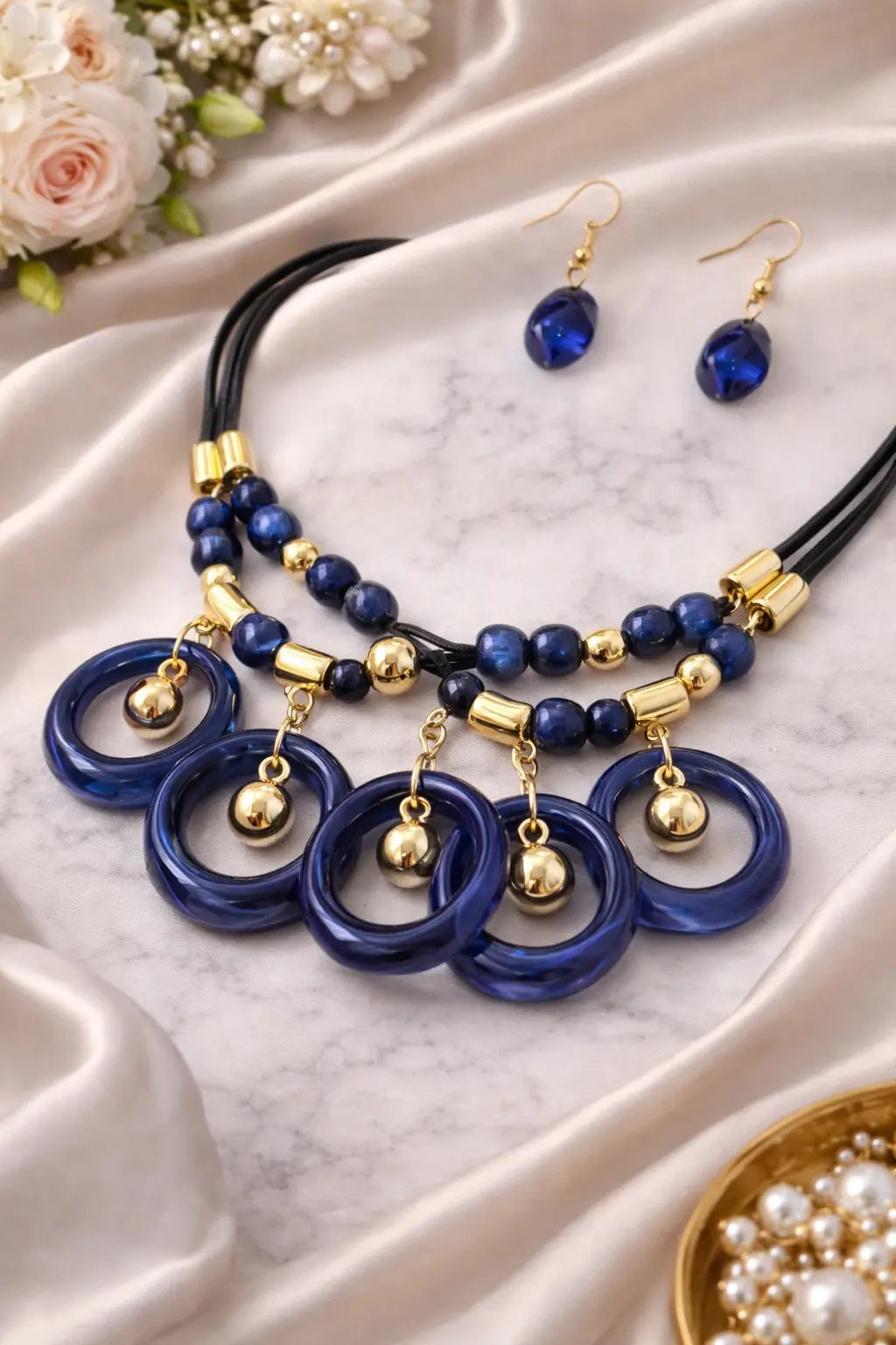 Mehrify Navy Blue Ring Drop Statement Necklace Set – Gold Accent Designer Jewelry for Women