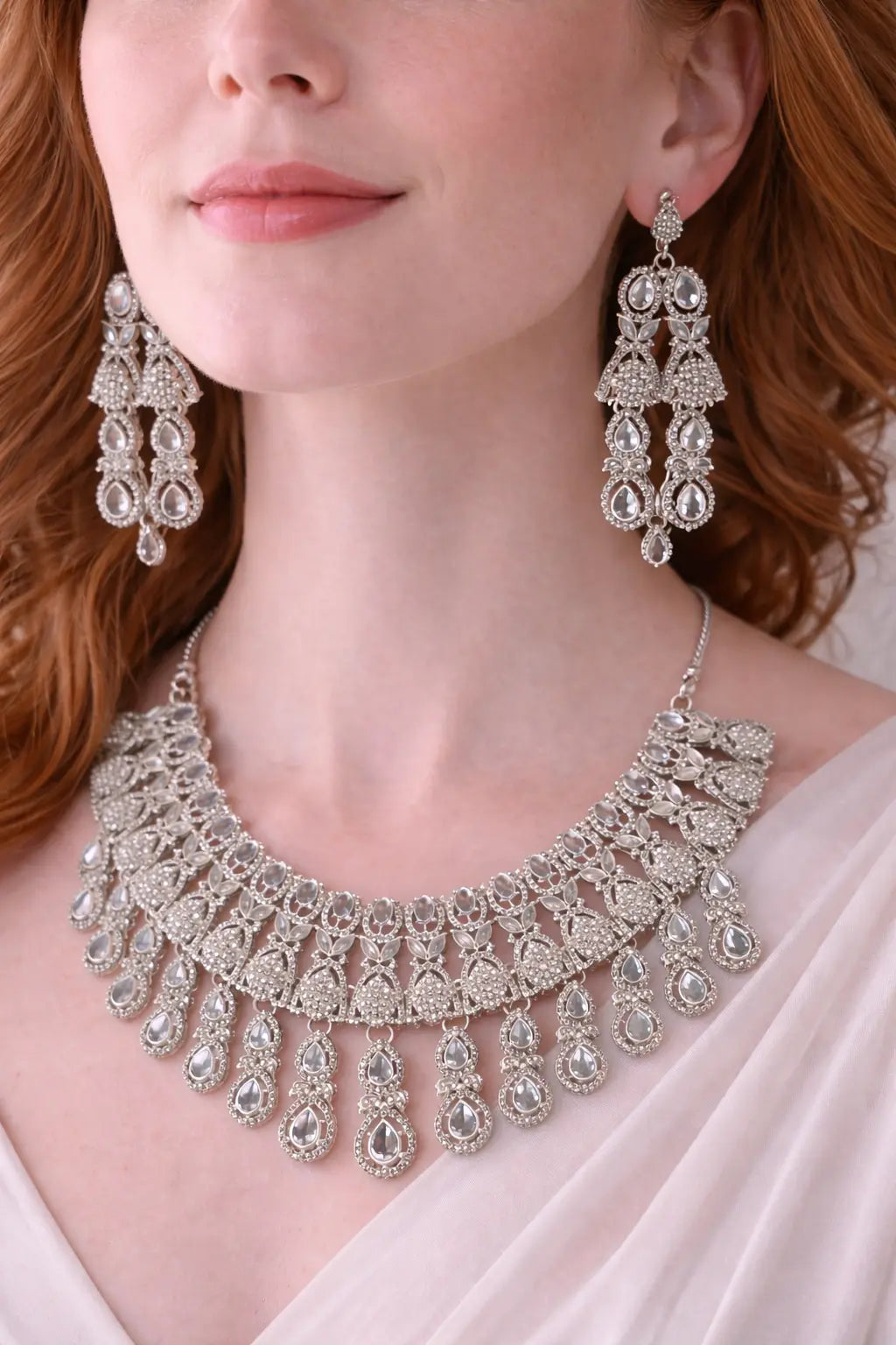 Mehrify Luxury Silver Crystal Bridal Necklace Set – Statement Drop Necklace & Earrings for Weddings & Formal Events