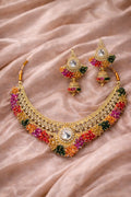 Luxury Multi-Color Bridal Jewelry Set with Necklace, Earrings & Matha Patti – Traditional Wedding