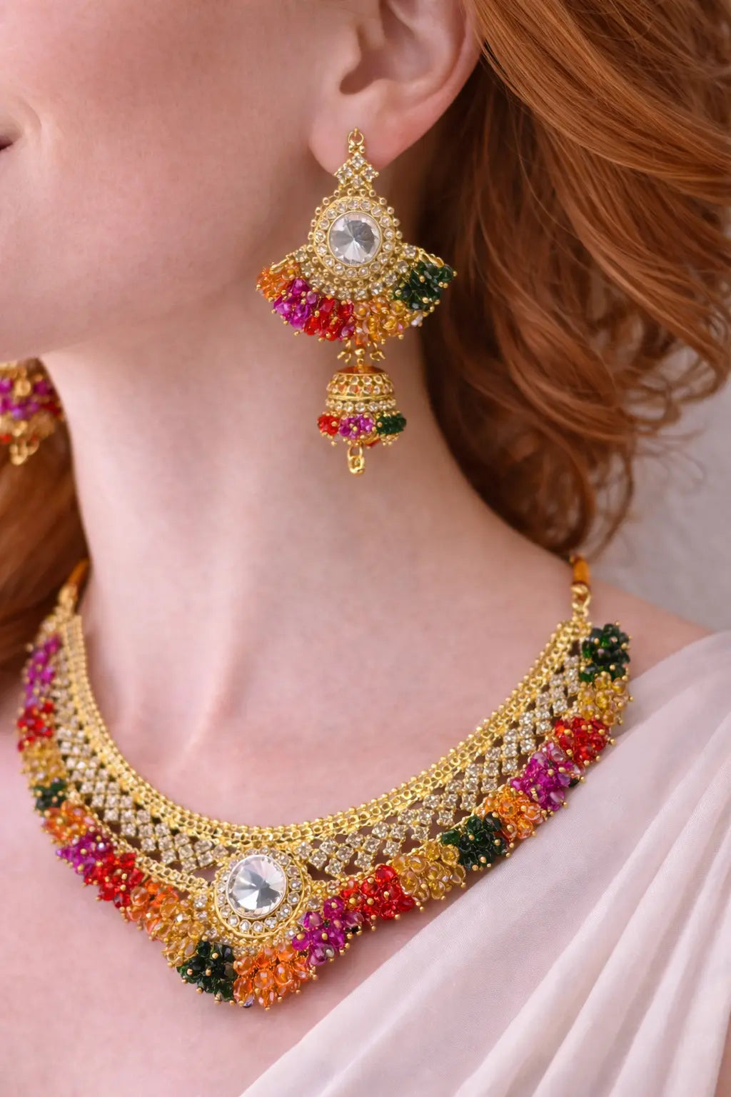Luxury Multi-Color Bridal Jewelry Set with Necklace, Earrings & Matha Patti – Traditional Wedding