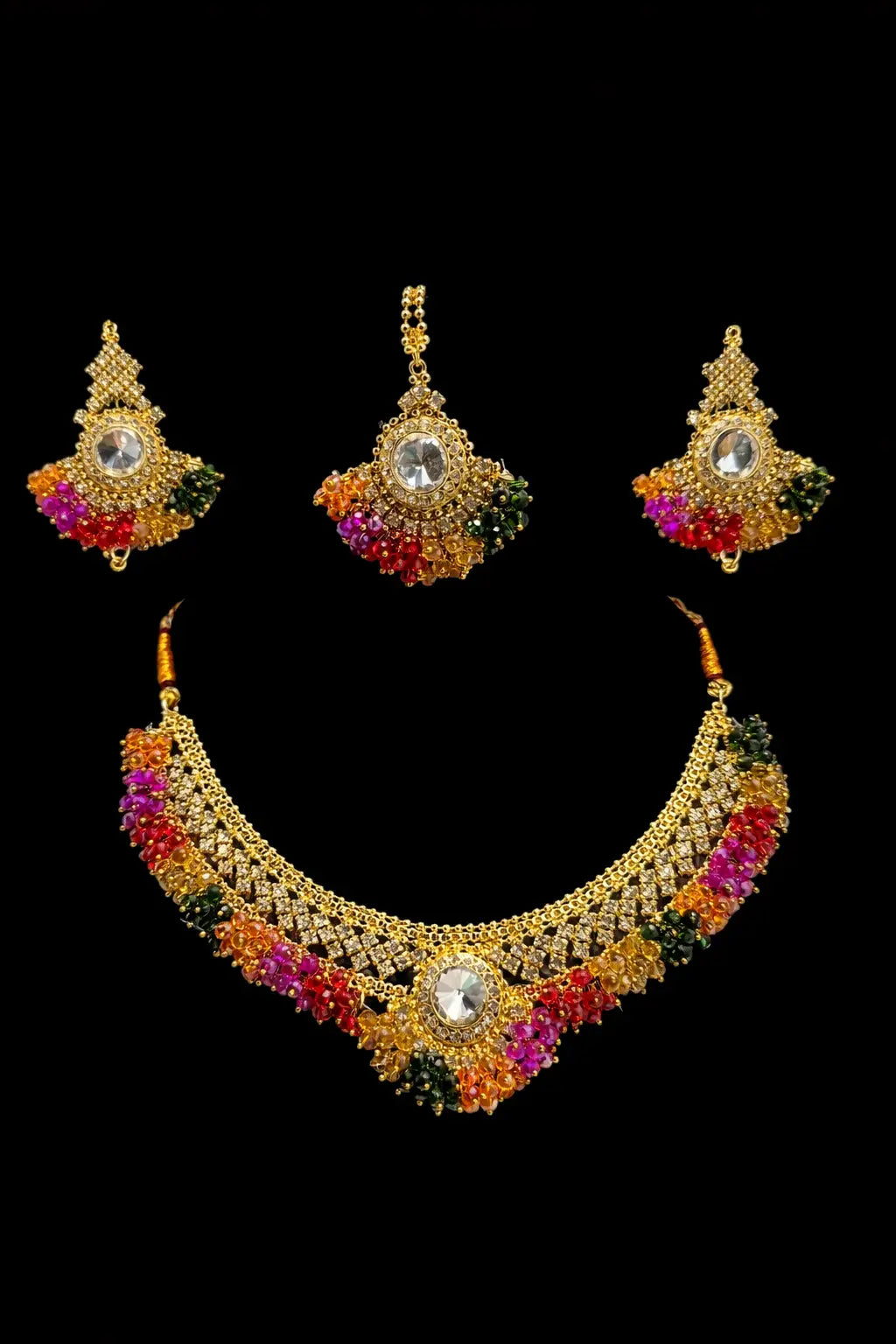Luxury Multi-Color Bridal Jewelry Set with Necklace, Earrings & Matha Patti – Traditional Wedding