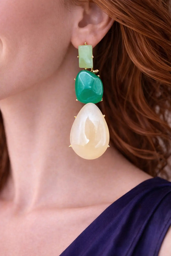 Mehrify Multi-Stone Drop Earrings – Elegant Green & Ivory Statement Earrings for Women