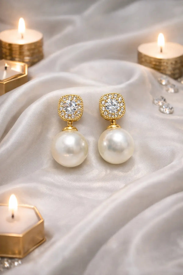 Mehrify Pearl Drop Earrings with Crystal Stud – Gold-Tone Elegant Earrings for Women