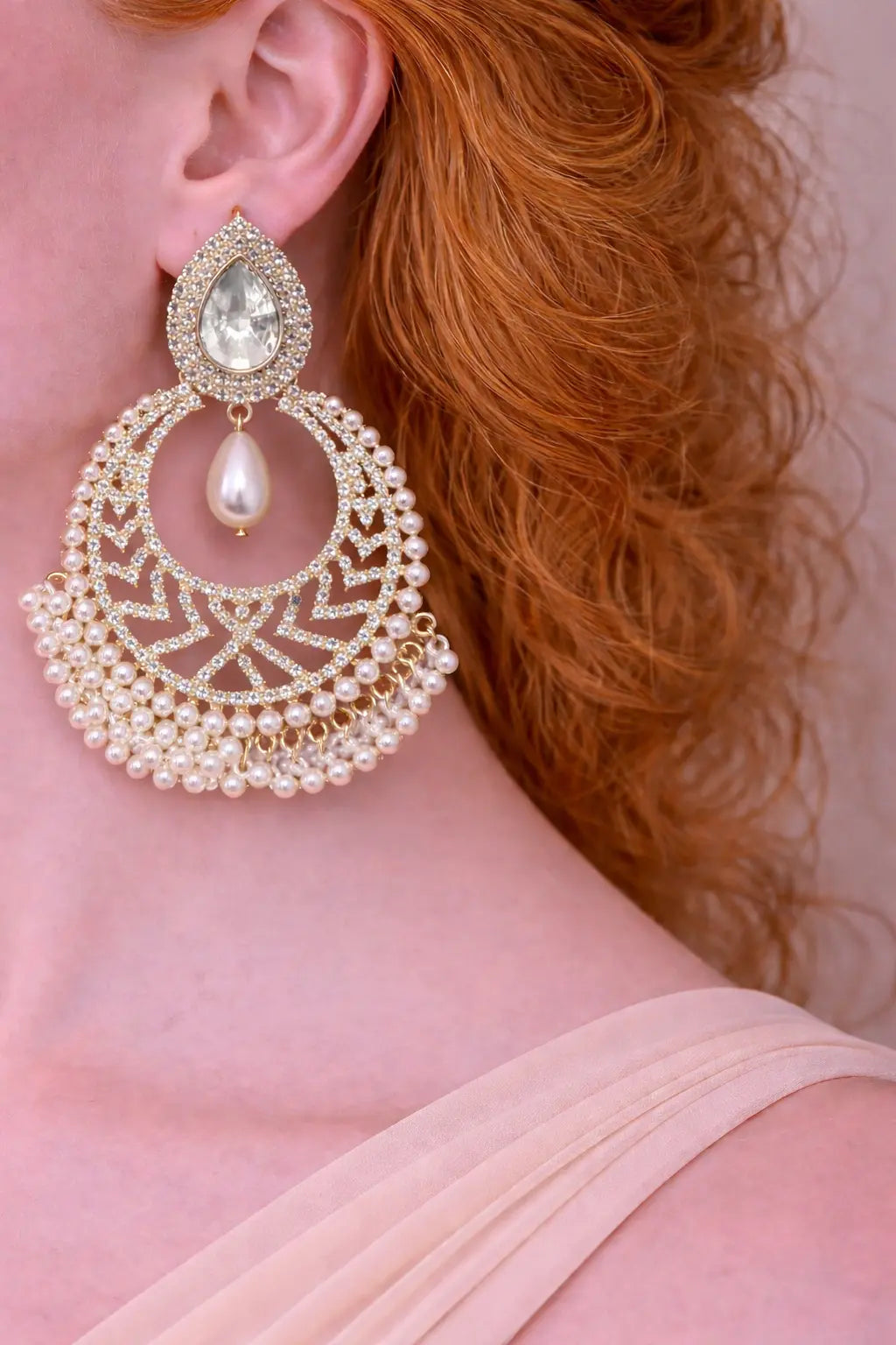 Mehrify Pearl & Crystal Chandelier Earrings – Gold-Tone Bridal Statement Earrings for Women