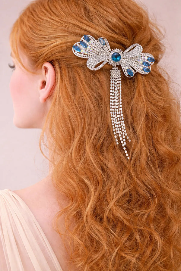 Mehrify Blue Crystal Bow Hair Clip with Tassel – Elegant Bridal & Party Hair Accessory