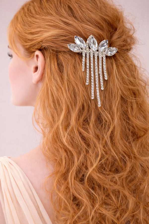 Mehrify Crystal Leaf Tassel Hair Clip – Elegant Bridal & Party Hair Accessory