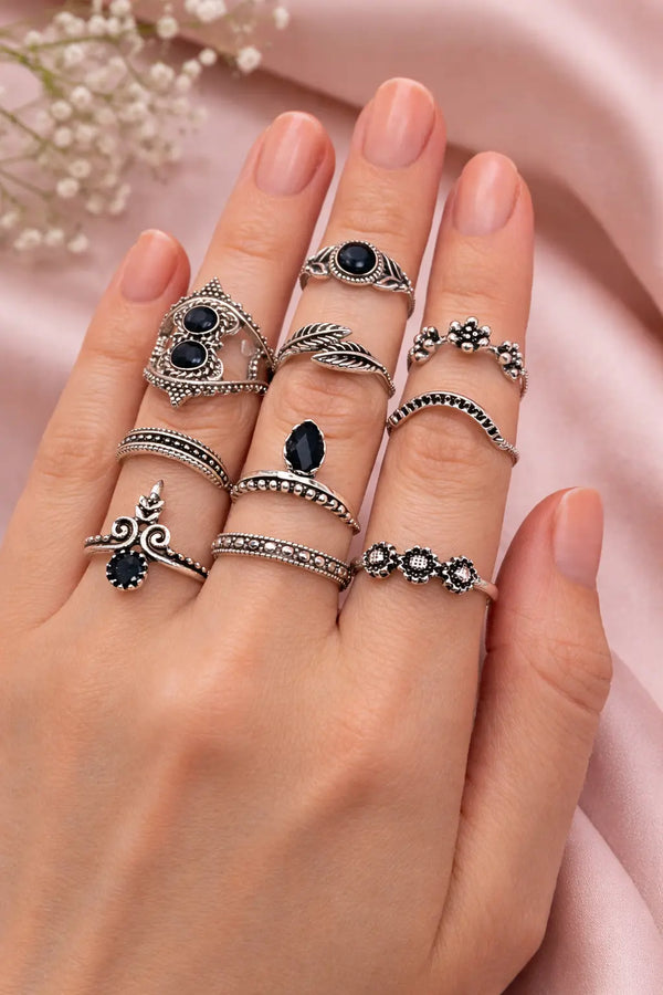 Mehrify Vintage Black Stone Ring Set – Boho & Antique Style Finger Rings for Women
