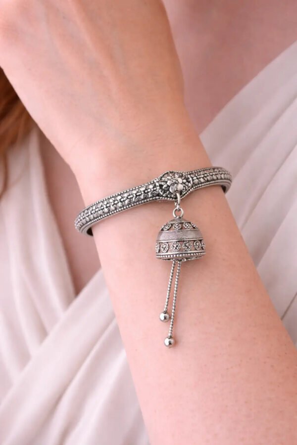 Zeneefa Oxidized Silver Jhumka Charm Bracelet for Women | Traditional Hand Jewelry