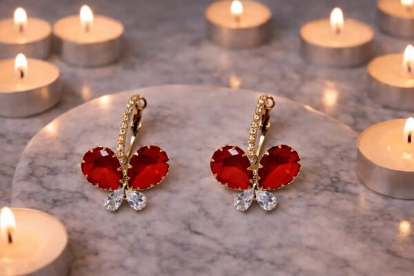 Zeneefa Butterfly Crystal Drop Earrings – Elegant Red & Blue Stone Jewelry for Women